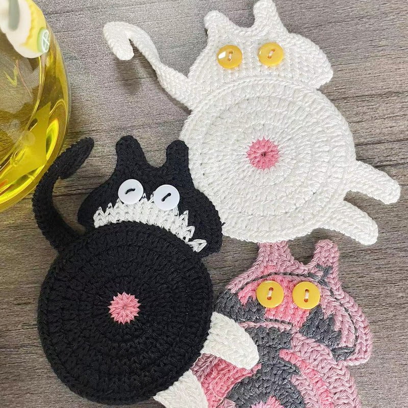 4 Pcs Pink And Grey Cute Cat Butt Knitted Coaster - Lightweight Crochet Drink Mat, 15x10cm