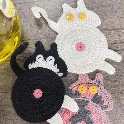 4 Pcs Grey Cute Cat Butt Knitted Coaster - Lightweight Crochet Drink Mat, 15x10cm