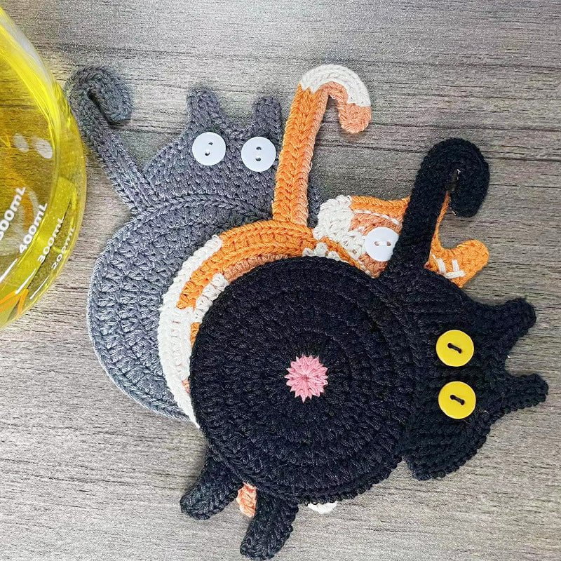 4 Pcs Grey,Brown And White Cute Cat Butt Knitted Coaster - Lightweight Crochet Drink Mat, 15x10cm
