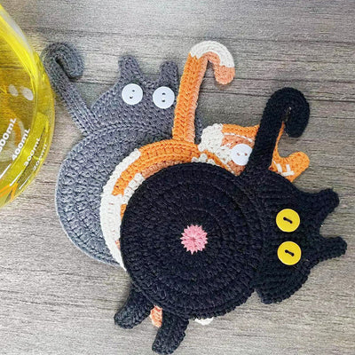 4 Pcs Orange Cute Cat Butt Knitted Coaster - Lightweight Crochet Drink Mat, 15x10cm