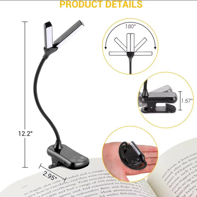 Black Rechargeable Dual-Head Clip-On Book Light - Touch Control Reading Lamp with Eye Protection