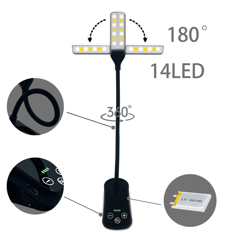 Black Rechargeable Dual-Head Clip-On Book Light - Touch Control Reading Lamp with Eye Protection