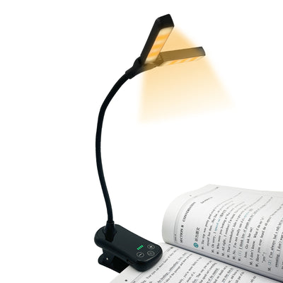 Black Rechargeable Dual-Head Clip-On Book Light - Touch Control Reading Lamp with Eye Protection