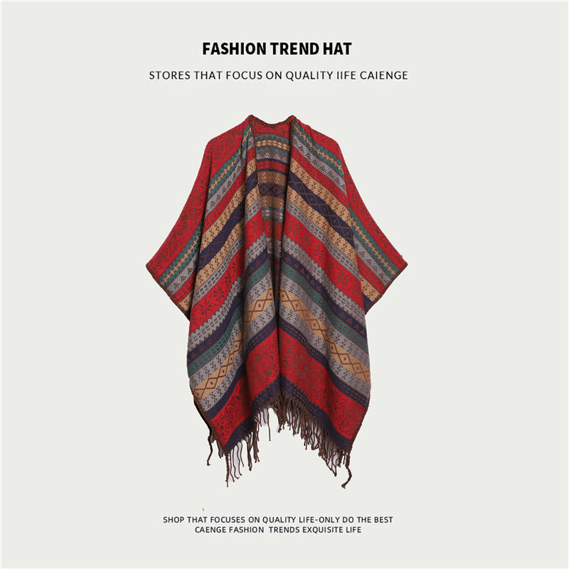 Red Plaid Ethnic Boho Shawl for Women - Stylish Split Cape for Travel and Cooling Rooms
