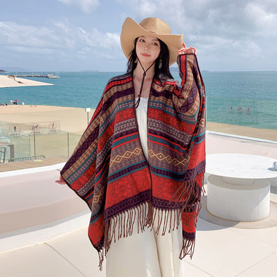 Red Plaid Ethnic Boho Shawl for Women - Stylish Split Cape for Travel and Cooling Rooms