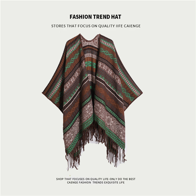 Green Plaid Ethnic Boho Shawl for Women - Stylish Split Cape for Travel and Cooling Rooms