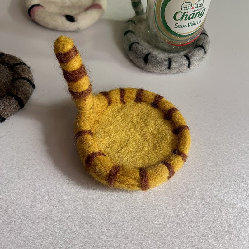 2 Pcs Yellow Handmade Wool Felt Cat Coasters - Cute Tiger Design, Heat-Resistant Table Mats