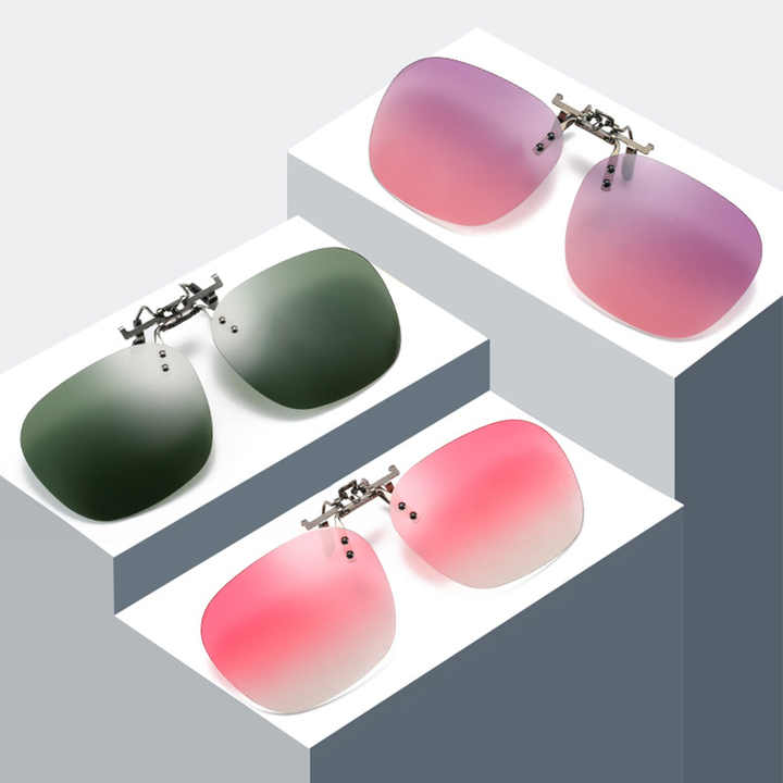 2 Pcs Brown-Pink Gradient Polarized Clip-On Sunglasses - Day & Night Use, Frameless Polygon Design for Fishing & Driving