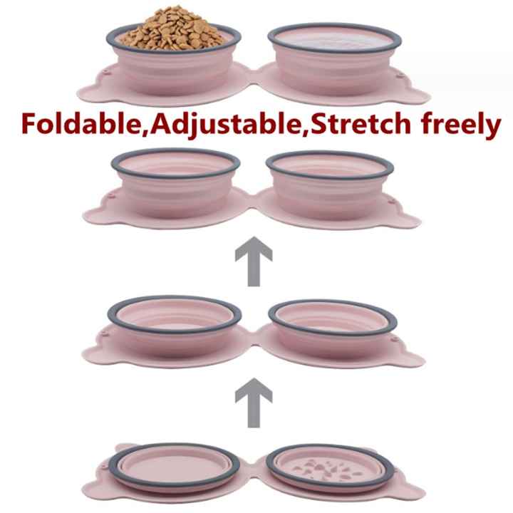 Pink Portable Collapsible Pet Bowl Set - Food-Grade Silicone Double Bowl for Dogs & Cats, Anti-Slip & Easy to Clean