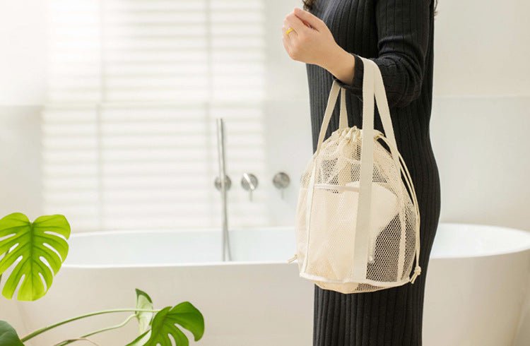 Navy Blue Lightweight Mesh Drawstring Beach Bag - Portable Travel Organizer for Toiletries and Essentials