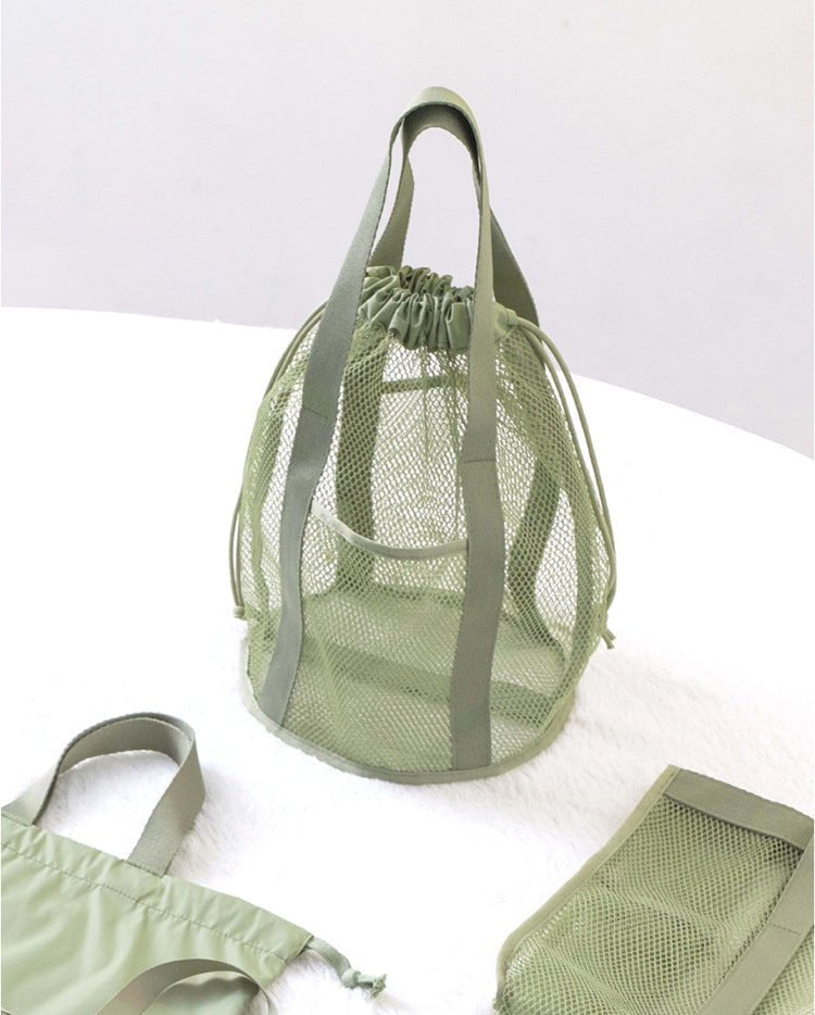 Green Lightweight Mesh Drawstring Beach Bag - Portable Travel Organizer for Toiletries and Essentials