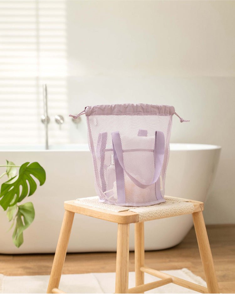 Green Lightweight Mesh Drawstring Beach Bag - Portable Travel Organizer for Toiletries and Essentials