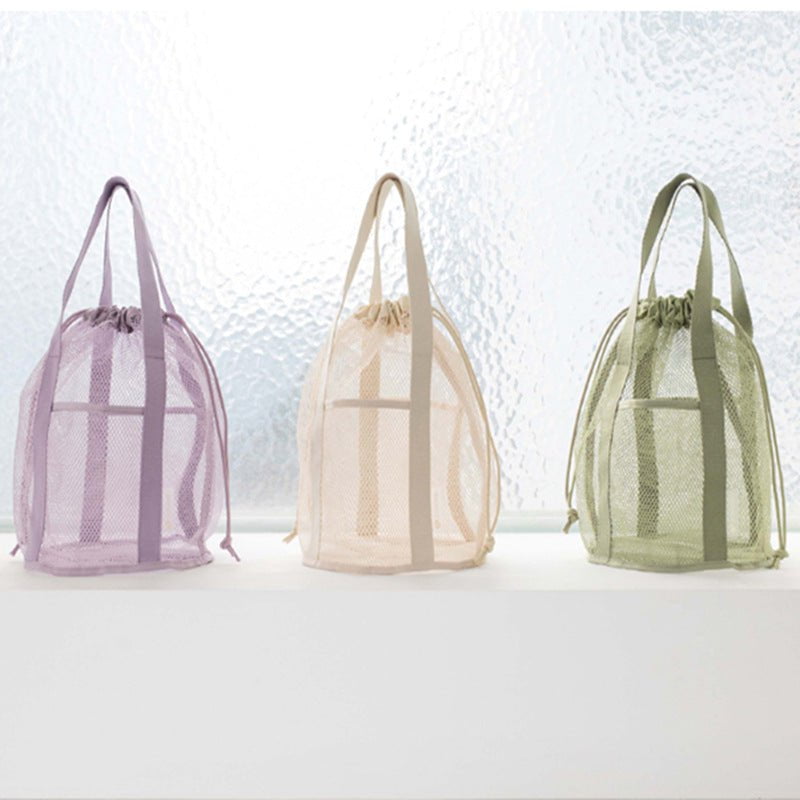 Purple Lightweight Mesh Drawstring Beach Bag - Portable Travel Organizer for Toiletries and Essentials