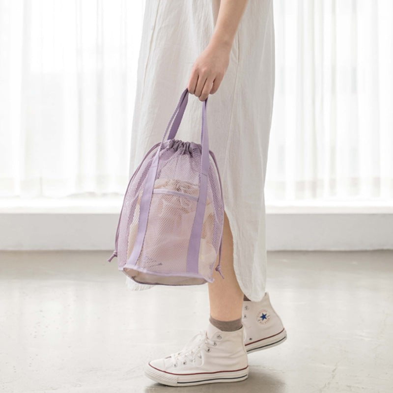Purple Lightweight Mesh Drawstring Beach Bag - Portable Travel Organizer for Toiletries and Essentials