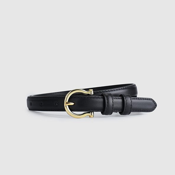95CM Black Elegant French Gold Buckle Genuine Leather Belt - Luxurious Lightweight Women&