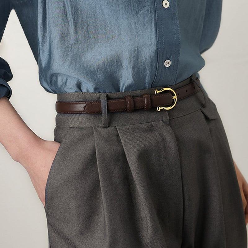 95CM Coffee Elegant French Gold Buckle Genuine Leather Belt - Luxurious Lightweight Women&