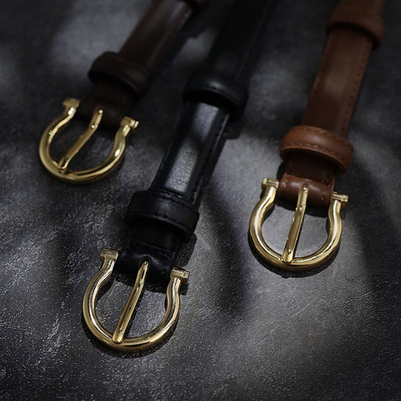 95CM Coffee Elegant French Gold Buckle Genuine Leather Belt - Luxurious Lightweight Women&