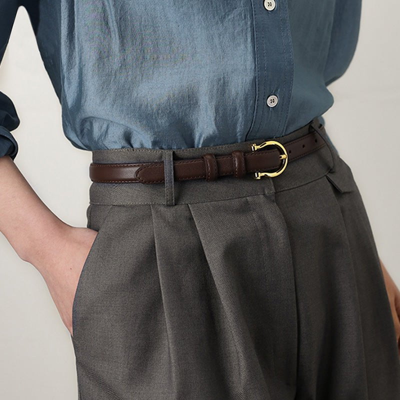 95CM Coffee Elegant French Gold Buckle Genuine Leather Belt - Luxurious Lightweight Women&