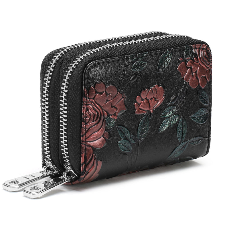 Black Background With Red Roses Floral Embossed Genuine Leather Card Holder - Large Capacity 10 Card Slots, RFID Blocking, Double Zipper Coin Pouch
