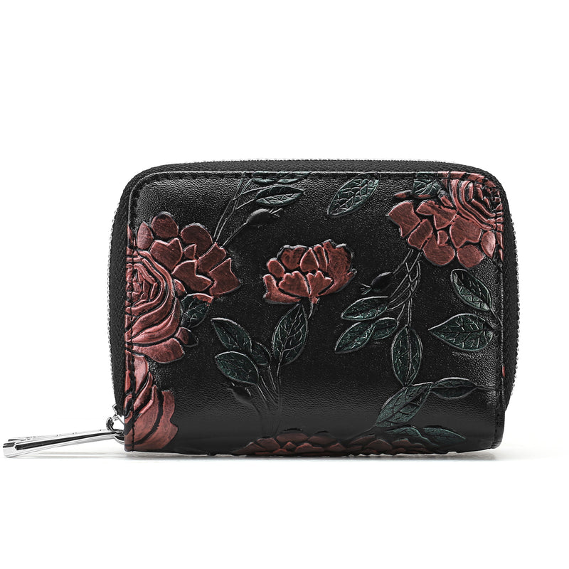 Black Background With Red Roses Floral Embossed Genuine Leather Card Holder - Large Capacity 10 Card Slots, RFID Blocking, Double Zipper Coin Pouch