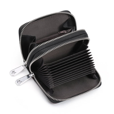 Black Background With Red Roses Floral Embossed Genuine Leather Card Holder - Large Capacity 10 Card Slots, RFID Blocking, Double Zipper Coin Pouch