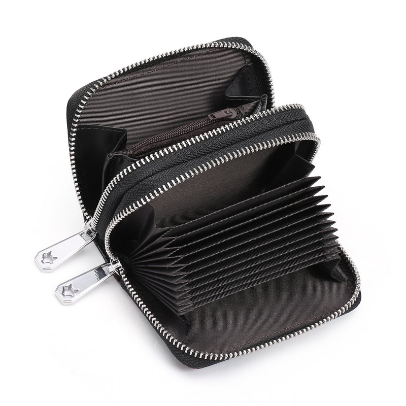 Black Background With Red Roses Floral Embossed Genuine Leather Card Holder - Large Capacity 10 Card Slots, RFID Blocking, Double Zipper Coin Pouch