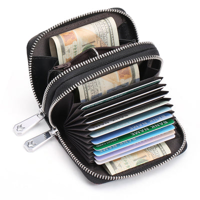 Black Background With Red Roses Floral Embossed Genuine Leather Card Holder - Large Capacity 10 Card Slots, RFID Blocking, Double Zipper Coin Pouch