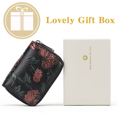 Black Background With Red Roses Floral Embossed Genuine Leather Card Holder - Large Capacity 10 Card Slots, RFID Blocking, Double Zipper Coin Pouch
