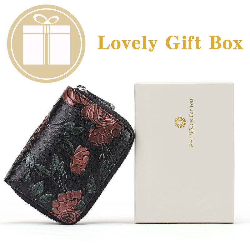 Black Background With Red Roses Floral Embossed Genuine Leather Card Holder - Large Capacity 10 Card Slots, RFID Blocking, Double Zipper Coin Pouch