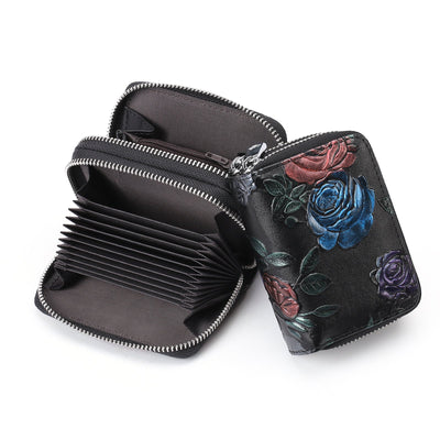 Black Background With Colorful Roses Floral Embossed Genuine Leather Card Holder - Large Capacity 10 Card Slots, RFID Blocking, Double Zipper Coin Pouch