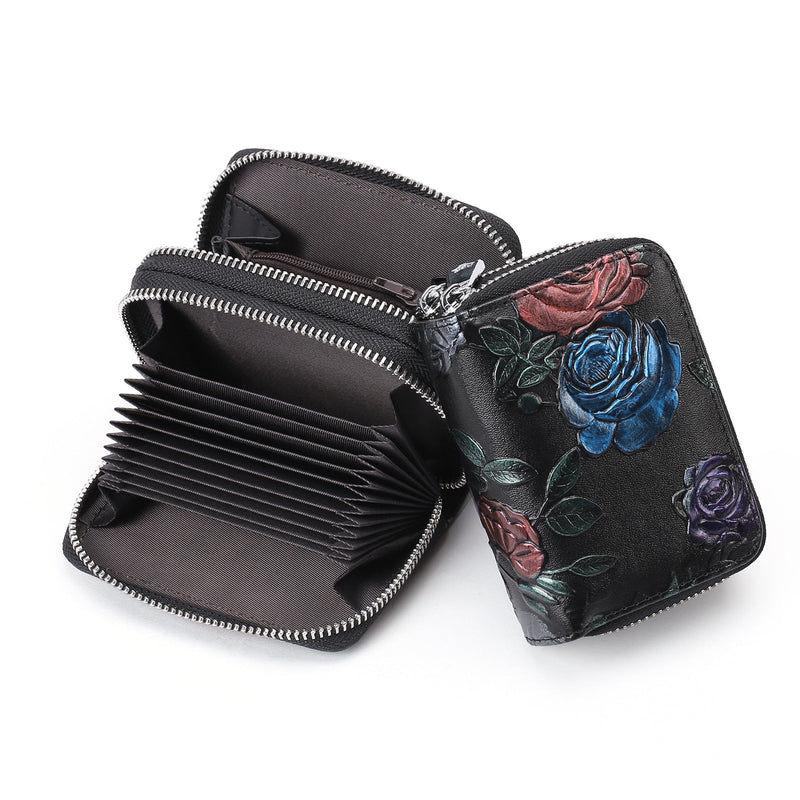 Black Background With Colorful Roses Floral Embossed Genuine Leather Card Holder - Large Capacity 10 Card Slots, RFID Blocking, Double Zipper Coin Pouch