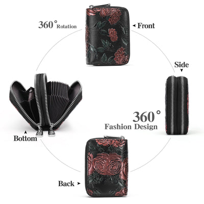 Black Background With Colorful Roses Floral Embossed Genuine Leather Card Holder - Large Capacity 10 Card Slots, RFID Blocking, Double Zipper Coin Pouch