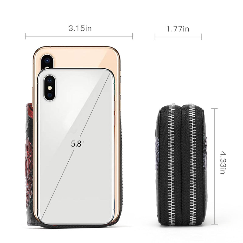 Black Background With Colorful Roses Floral Embossed Genuine Leather Card Holder - Large Capacity 10 Card Slots, RFID Blocking, Double Zipper Coin Pouch