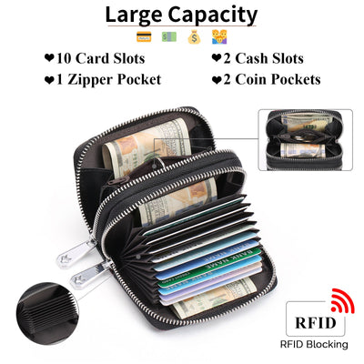 Black Background With Colorful Roses Floral Embossed Genuine Leather Card Holder - Large Capacity 10 Card Slots, RFID Blocking, Double Zipper Coin Pouch