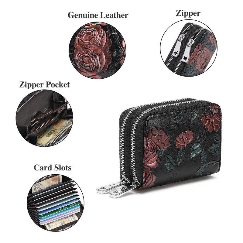Black Background With Colorful Roses Floral Embossed Genuine Leather Card Holder - Large Capacity 10 Card Slots, RFID Blocking, Double Zipper Coin Pouch