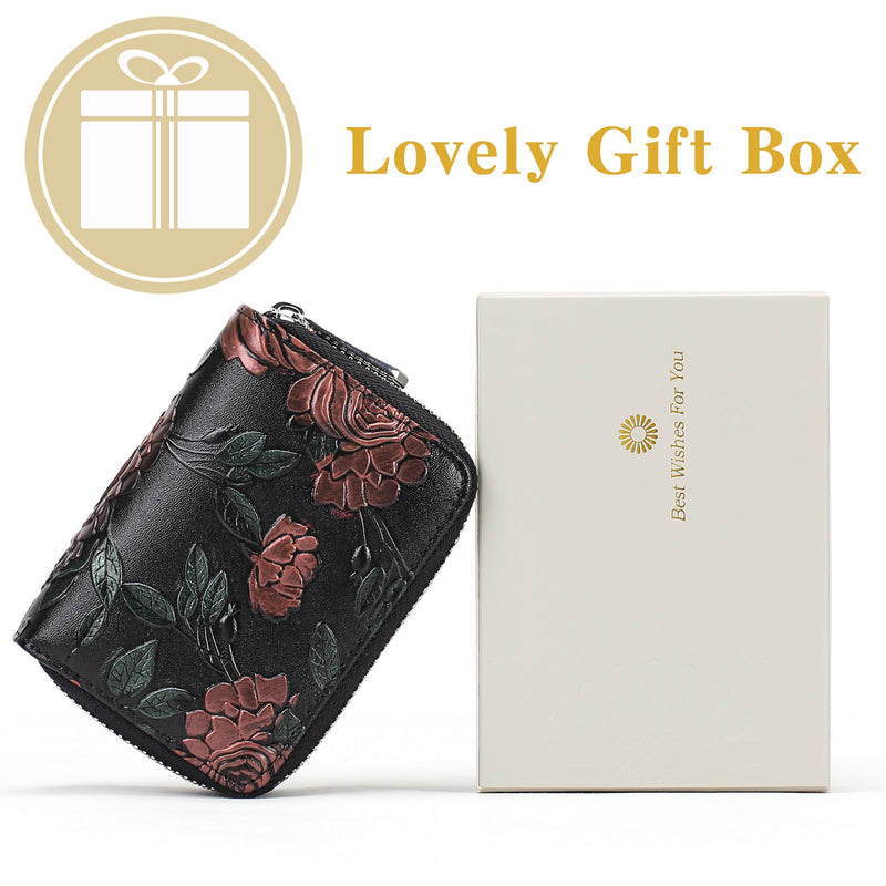 Black Background With Colorful Roses Floral Embossed Genuine Leather Card Holder - Large Capacity 10 Card Slots, RFID Blocking, Double Zipper Coin Pouch