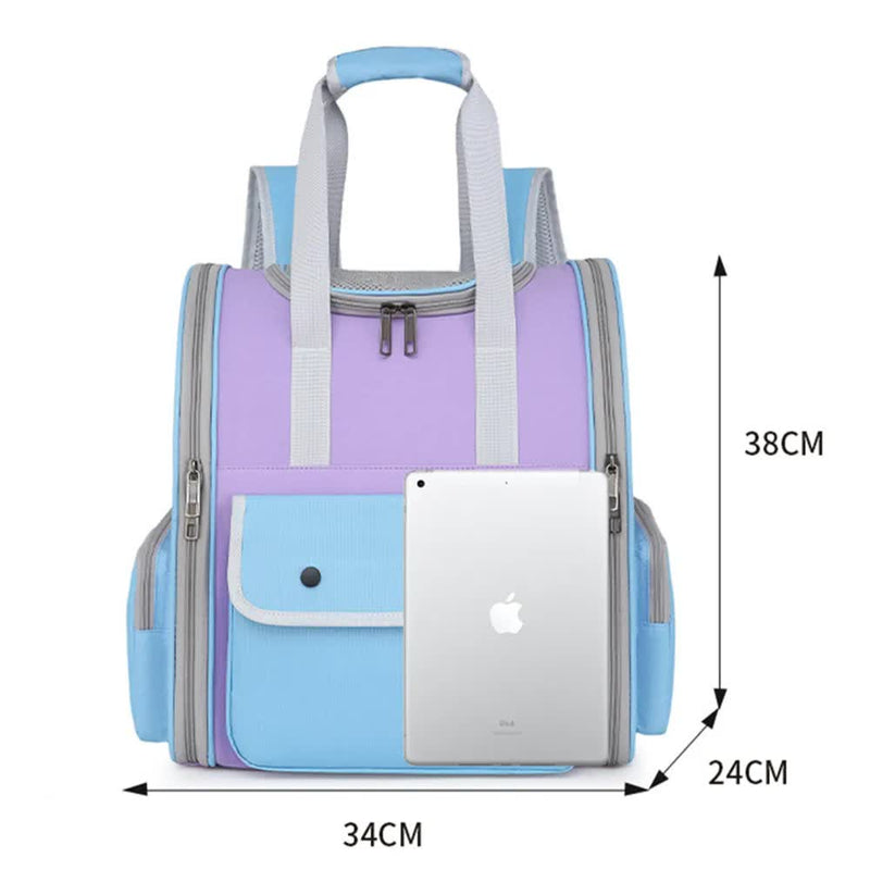 Blue And Purple Portable Pet Carrier Backpack - Spacious, Breathable, and Travel-Friendly for Cats and Small Dogs