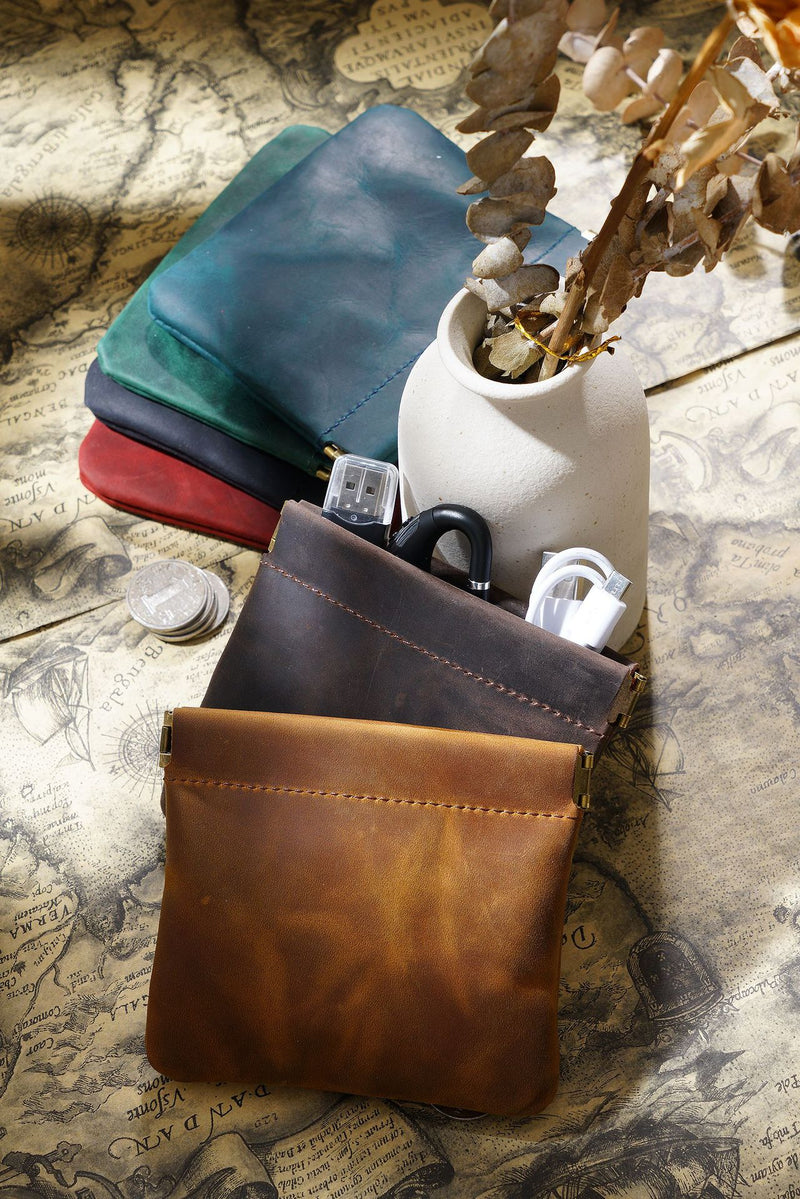 Coffee Genuine Leather Coin Purse - Vintage Style Snap Closure Mini Pouch