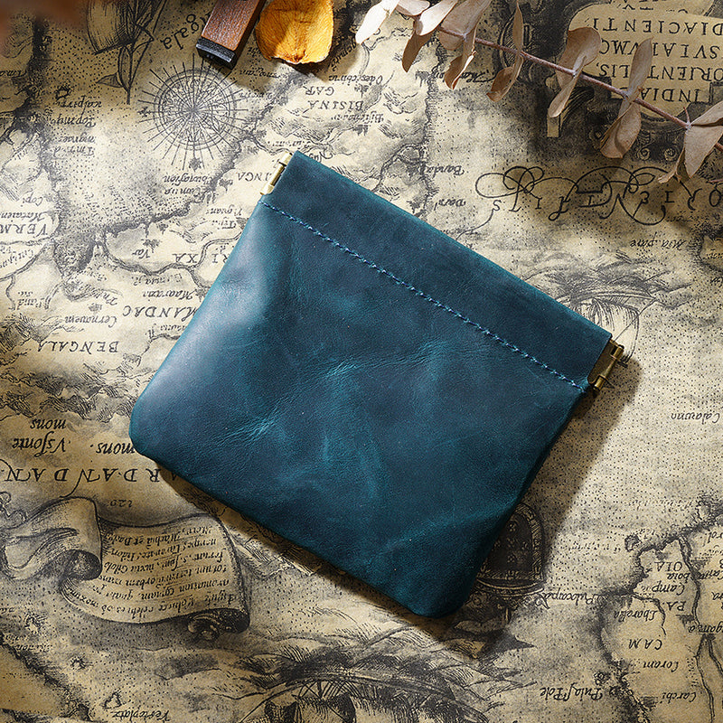 Blue Genuine Leather Coin Purse - Vintage Style Snap Closure Mini Pouch