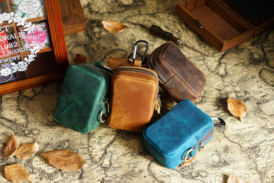 Black Genuine Leather Belt Pouch - Mini Waist Bag with Zipper and Carabiner