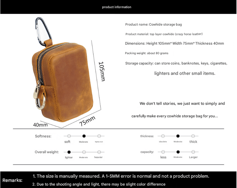 Brown Genuine Leather Belt Pouch - Mini Waist Bag with Zipper and Carabiner