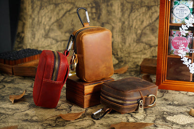 Brown Genuine Leather Belt Pouch - Mini Waist Bag with Zipper and Carabiner