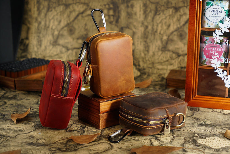 Wine Red Genuine Leather Belt Pouch - Mini Waist Bag with Zipper and Carabiner