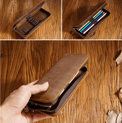 Brown Genuine Leather Pencil Case - Vintage Zip-Up Pen Holder with Elastic Loops