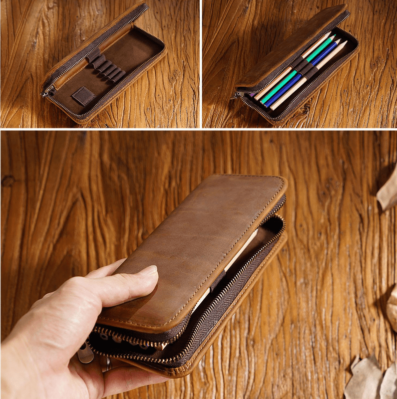 Brown Genuine Leather Pencil Case - Vintage Zip-Up Pen Holder with Elastic Loops