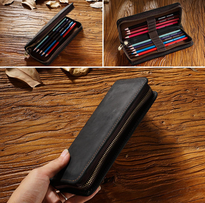 Brown Genuine Leather Pencil Case - Vintage Zip-Up Pen Holder with Elastic Loops