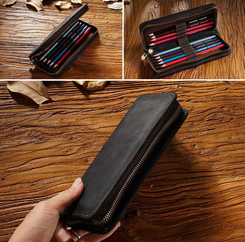 Brown Genuine Leather Pencil Case - Vintage Zip-Up Pen Holder with Elastic Loops