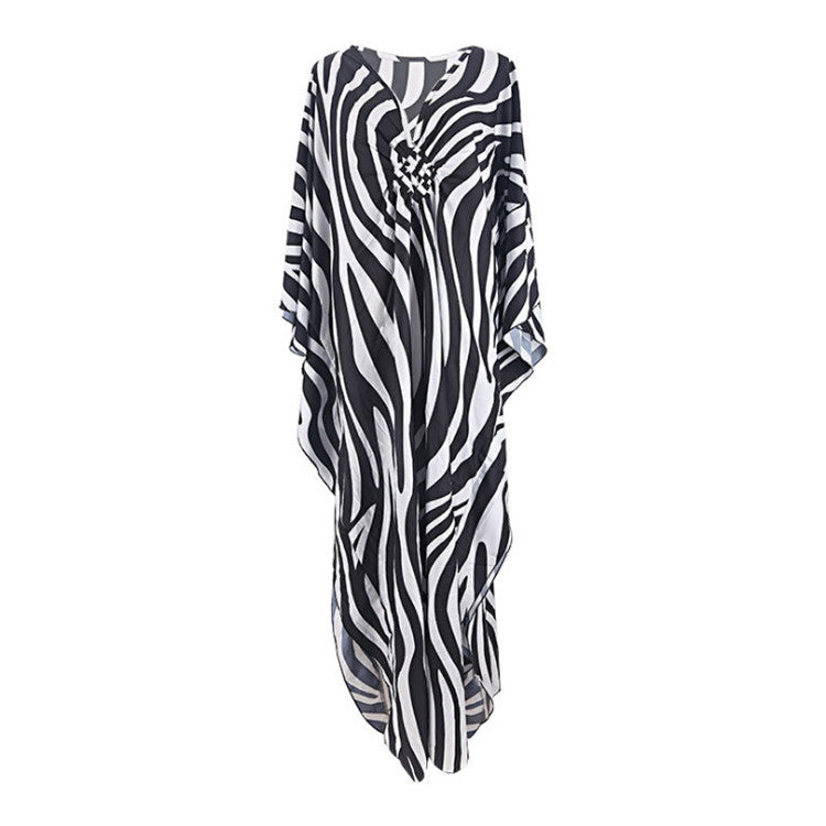 Zebra Print Loose Fit Caftan Dress - Resort Style Beach Coverup for Women