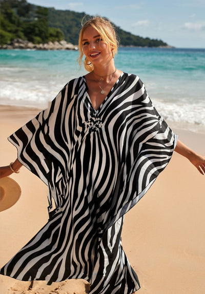 Zebra Print Loose Fit Caftan Dress - Resort Style Beach Coverup for Women