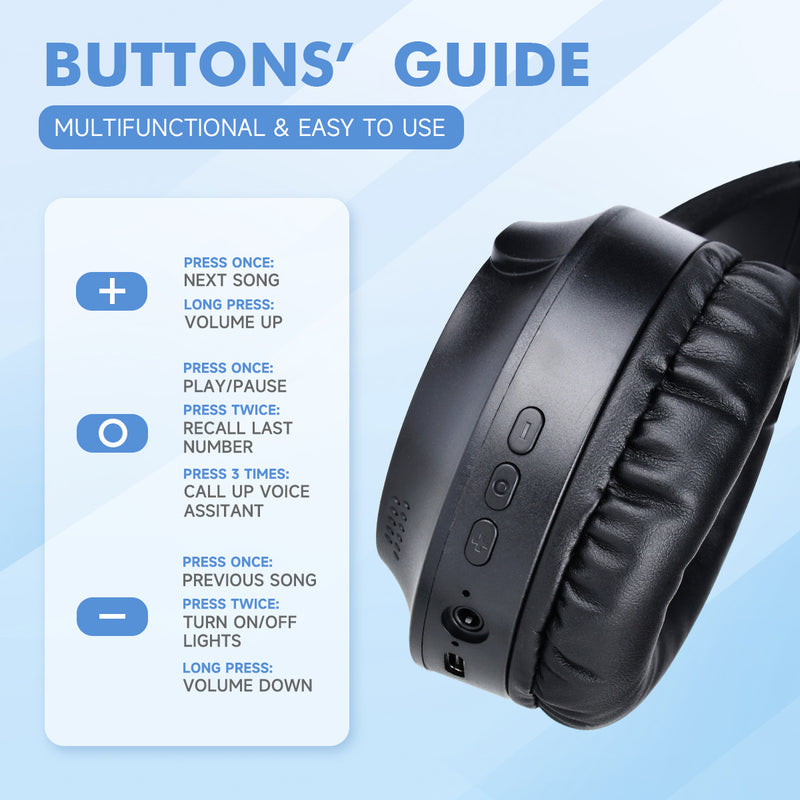 Black Wireless Gaming Headphones with Lights - Foldable Design, 40mm Drivers, Comfortable